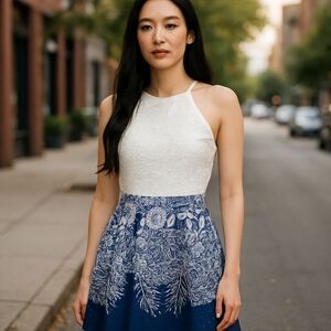 White and Blue Lace Halter Dress